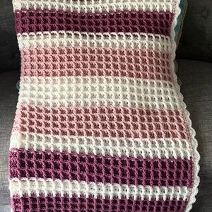 Pink, Magenta, and White Striped, Crocheted Baby Blanket